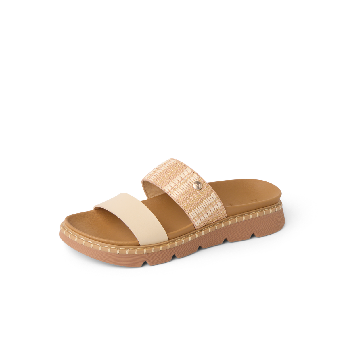 Vista Luxe Thea sandal facing left, showing front and side straps with anatomical arch support and soft cushioning.