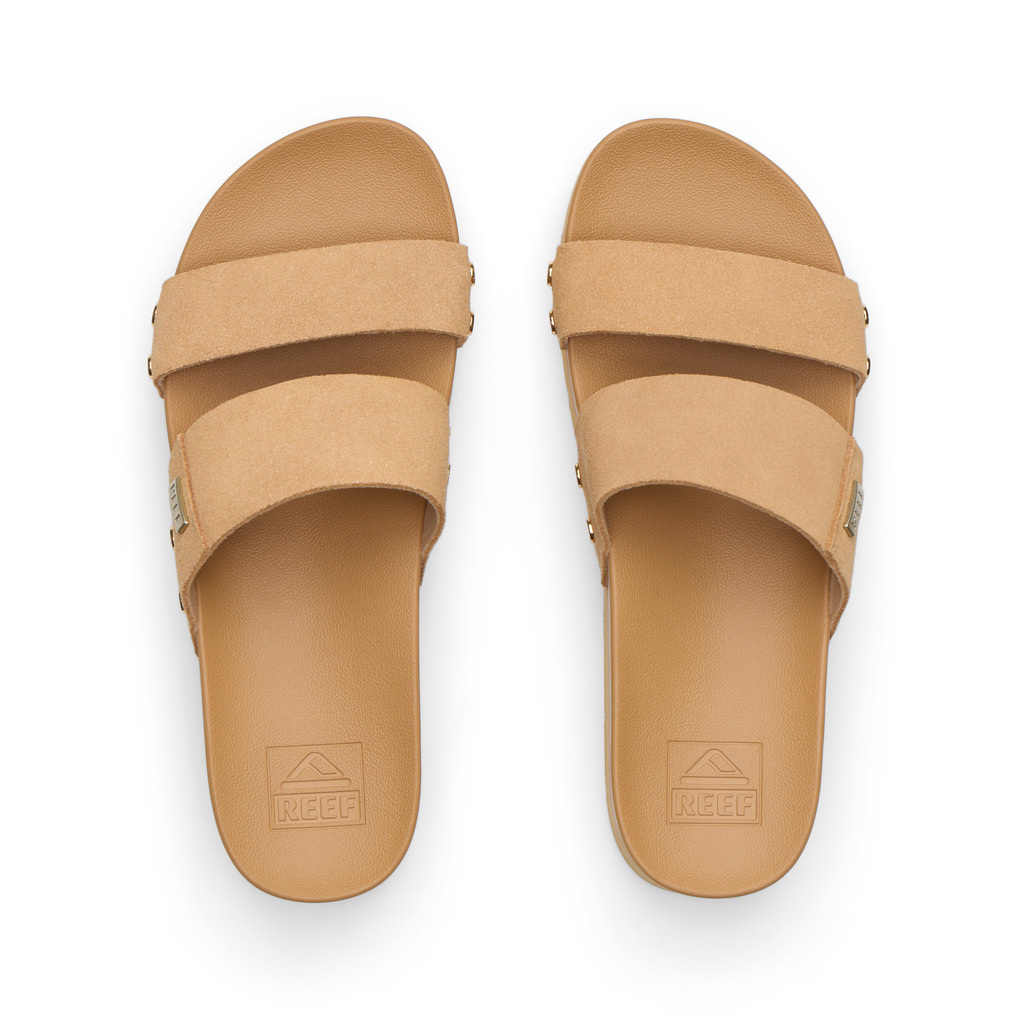 Vista Higher Cleo women’s tan sandals facing up, showing dual straps, soft cushioning, and anatomical arch support.