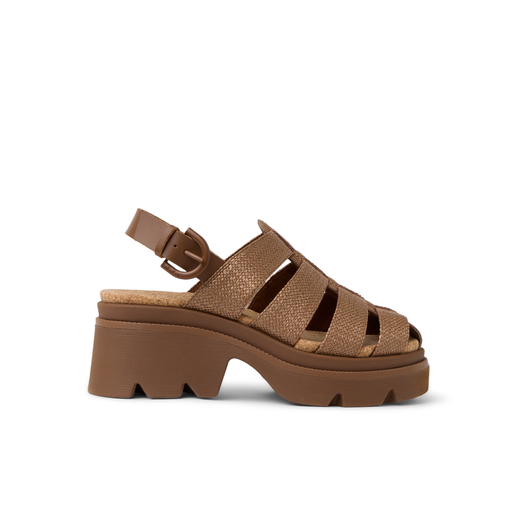 Vista Luxe Lucie women's brown raffia platform sandal facing right with arch support and cushioned sole for comfort.