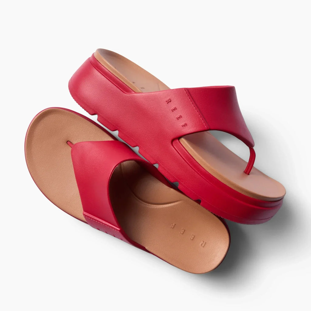 Cali Laguna women's red platform sandals top view showing molded cushioned footbed and water-friendly sole for beach comfort
