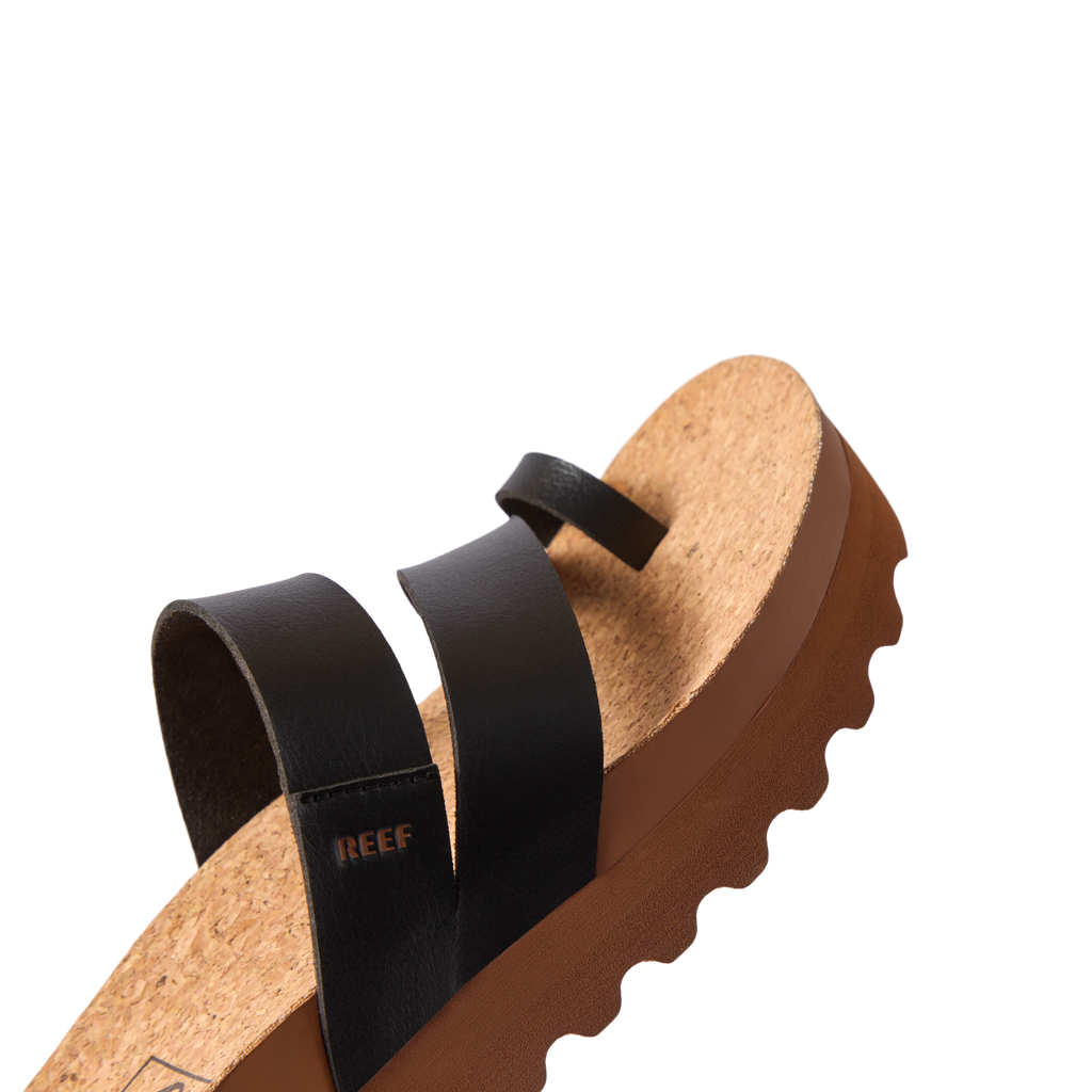 Vista Hi Layla sandal facing left, close-up of black straps and cork footbed with soft-rebound cushioning and arch support