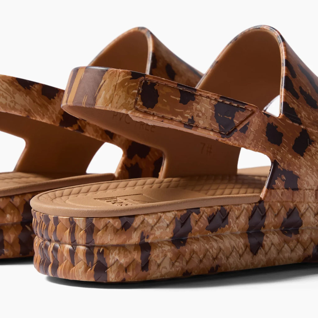 Close-up of the back and side of women's Reef Water Vista platform sandals with cushioning and water-friendly material.