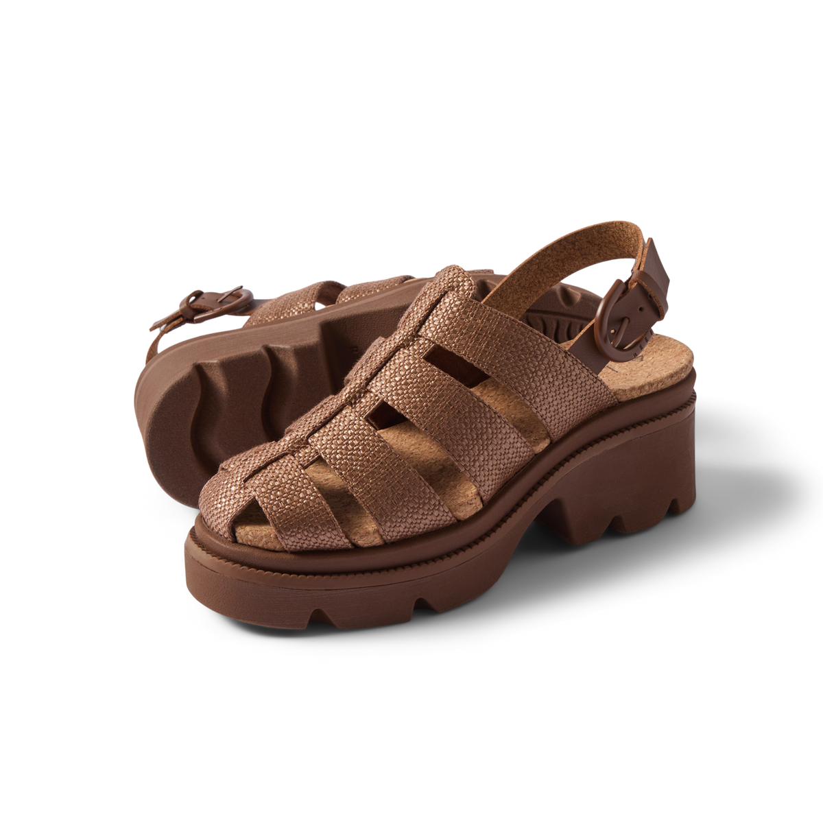 Vista Luxe Lucie women's sandal facing left, chocolate raffia with cushioned arch support, surf-inspired comfort design.