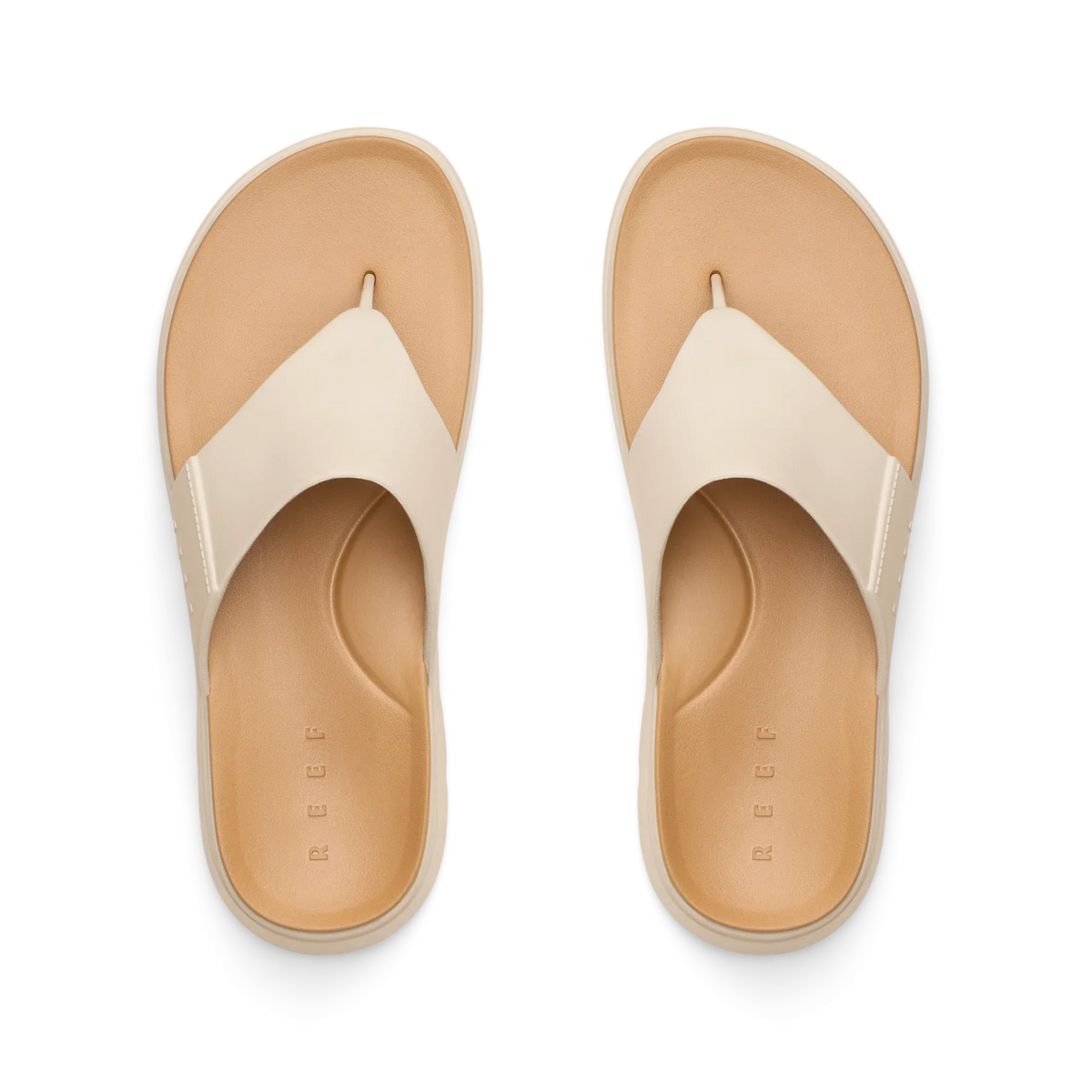 Top view of Cali Laguna white platform sandals facing upward, featuring extra cushioning and arch support, water-friendly design.