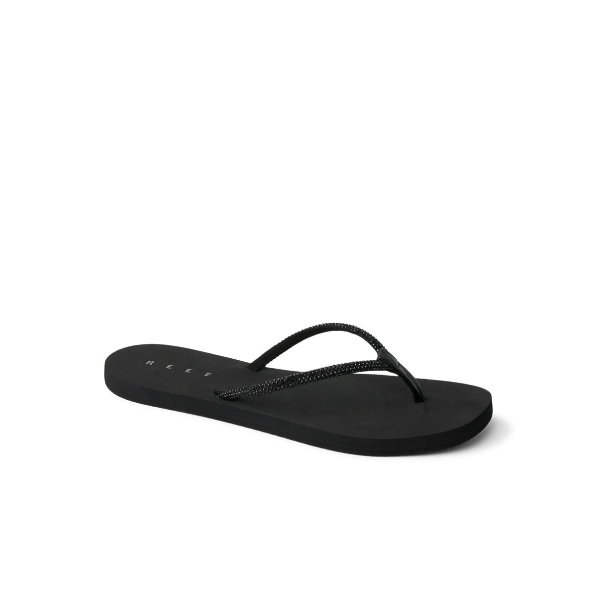 Bliss Bling Fling black women's flip flop facing left, showing top and side, with soft cushioning and arch support