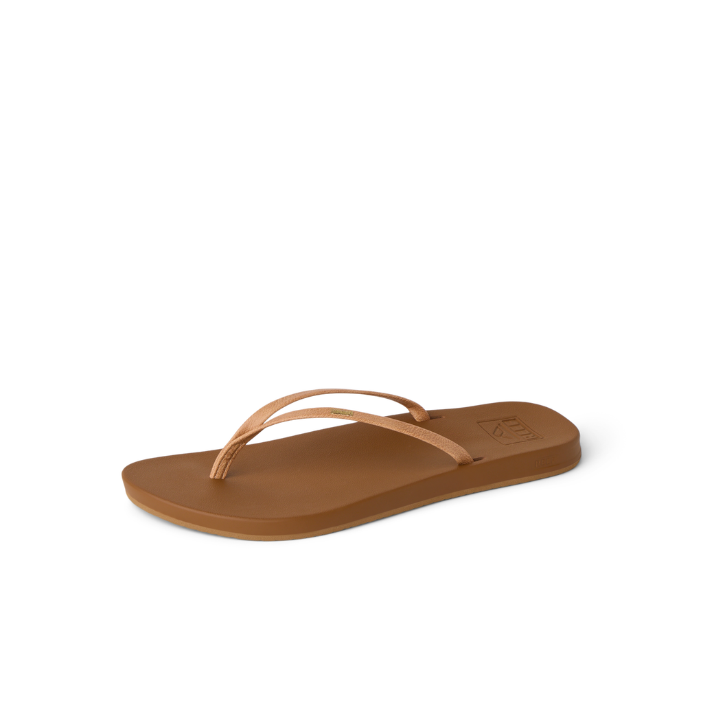 Cushion Slim women's tan sandal facing left, featuring soft-rebound cushioning and anatomical arch support for comfort.