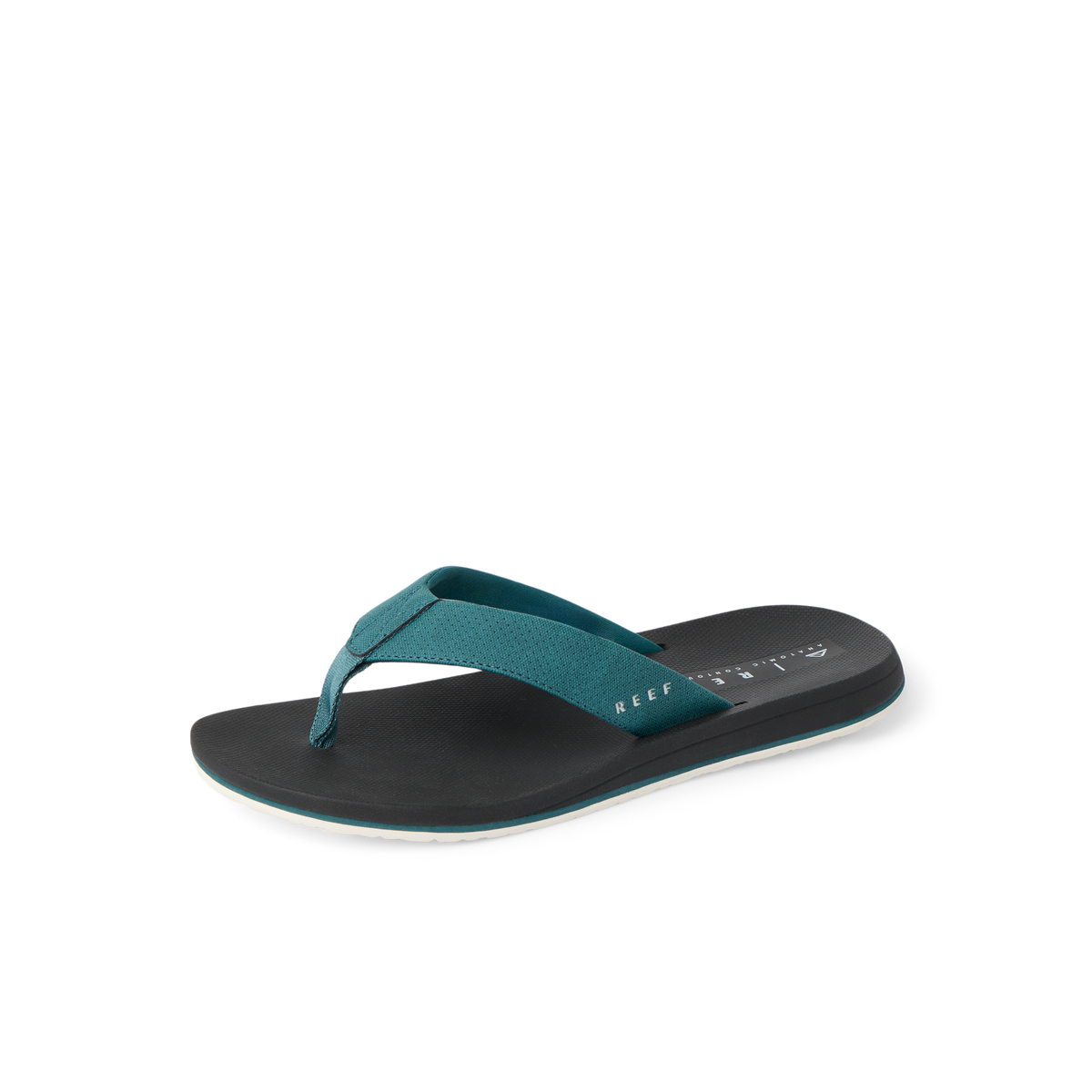 Nox men's teal and black flip flop facing left, showing top and side with anatomical arch support and cushioning.