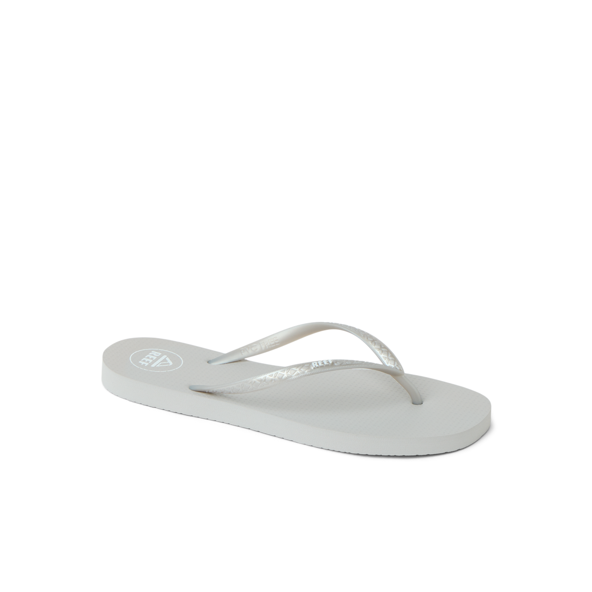 Seaside Square Toe women's sandal facing left, close-up of silver metallic beach-inspired flip flop with soft cushioning and arch support
