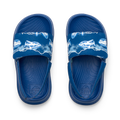 Top view of Little Salty Slide boys’ blue slides with shark print, featuring cushioned footbeds and anatomical arch support.