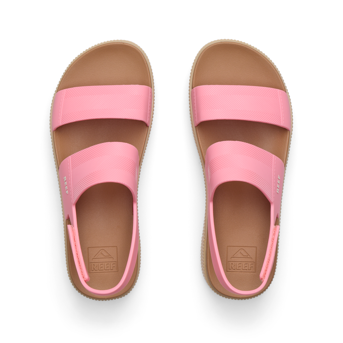 Water Vista Higher women’s sandals facing upward, pink straps, cushioned footbeds with arch support, surf-inspired design.