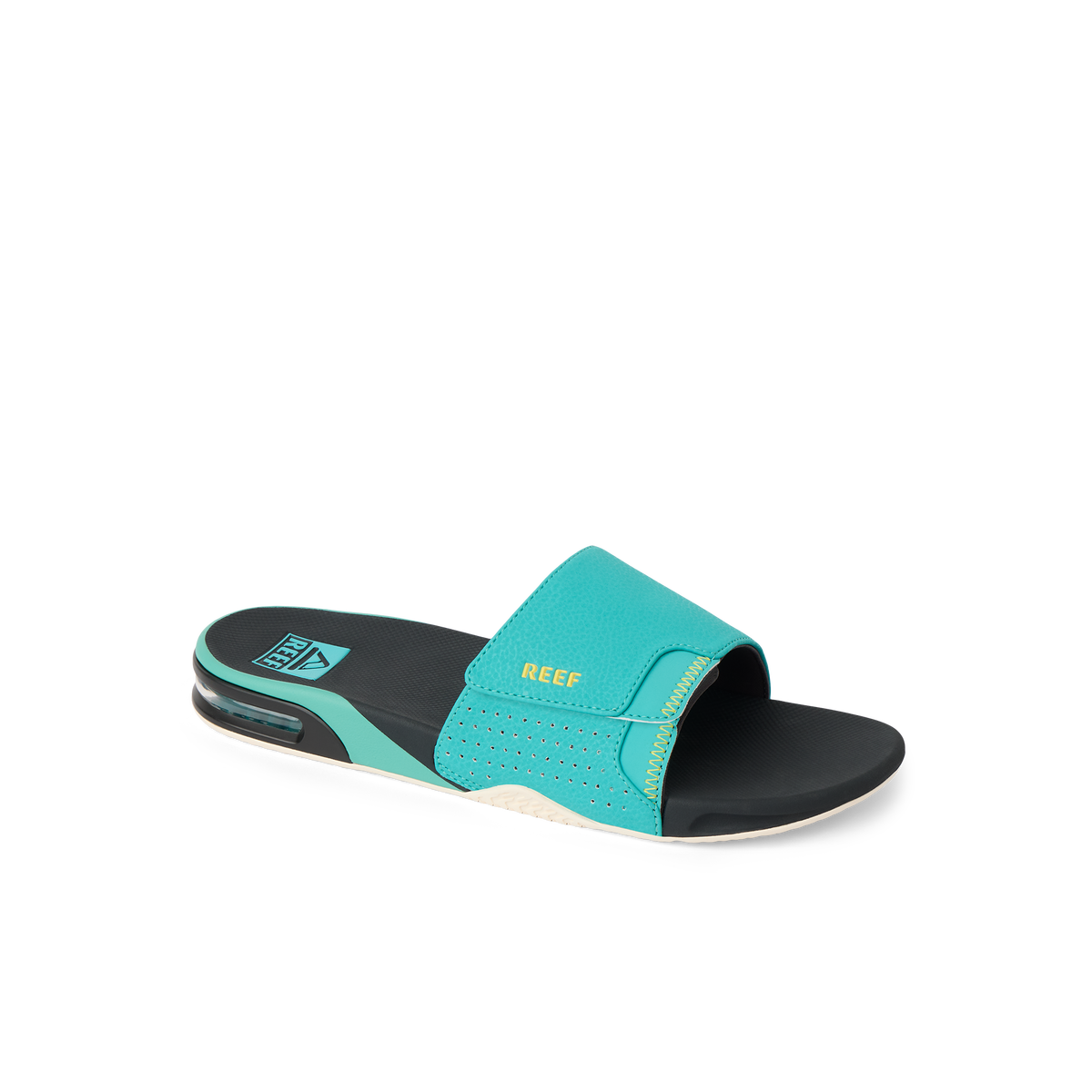 Fanning Slide in teal and black facing right, showing side and top view with cushioned arch support and water-friendly materials.