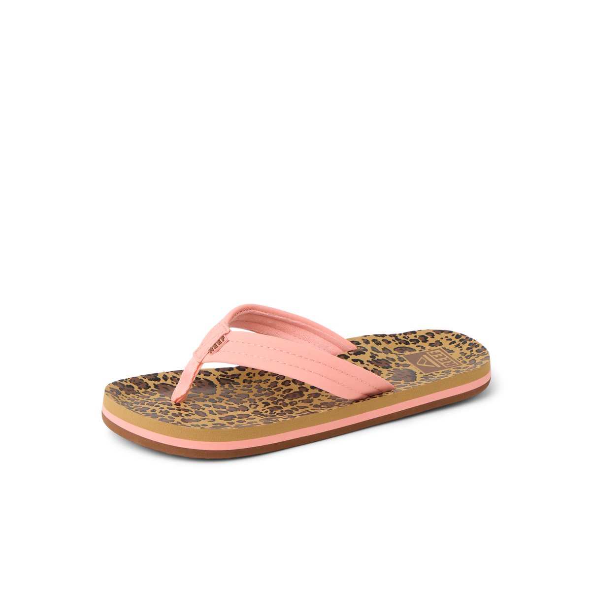 Kids Ahi left-facing sandal with pink straps and leopard print footbed, featuring arch support and soft cushioning for comfort.