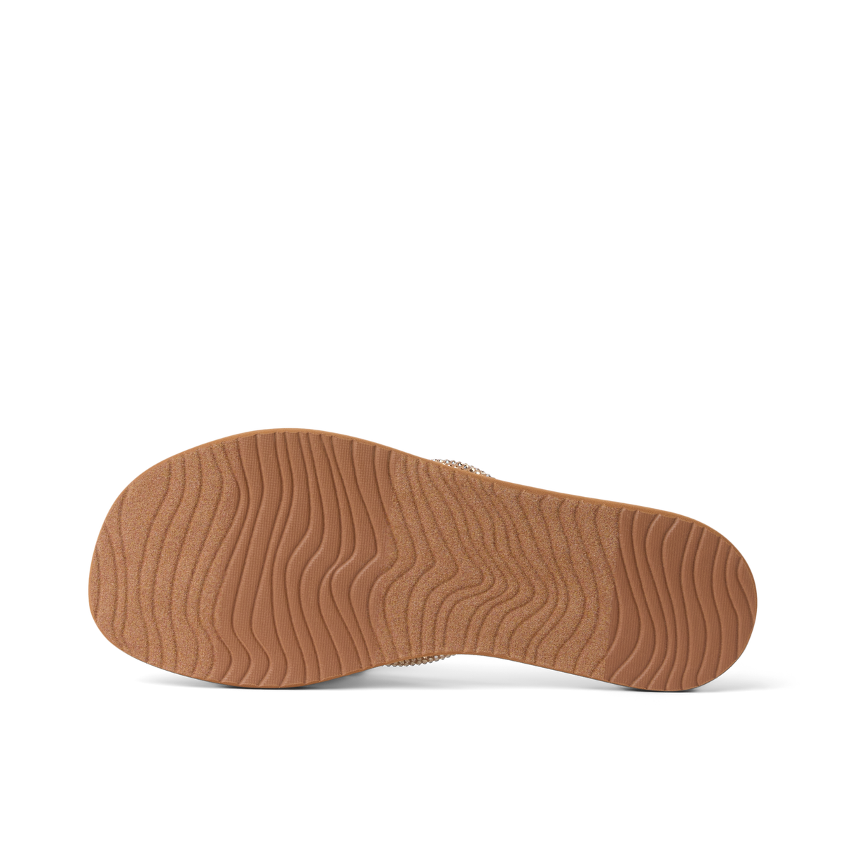 Bliss Bling Fling right footwear outsole close-up showing wave-patterned rubber tread for durable beach comfort and grip