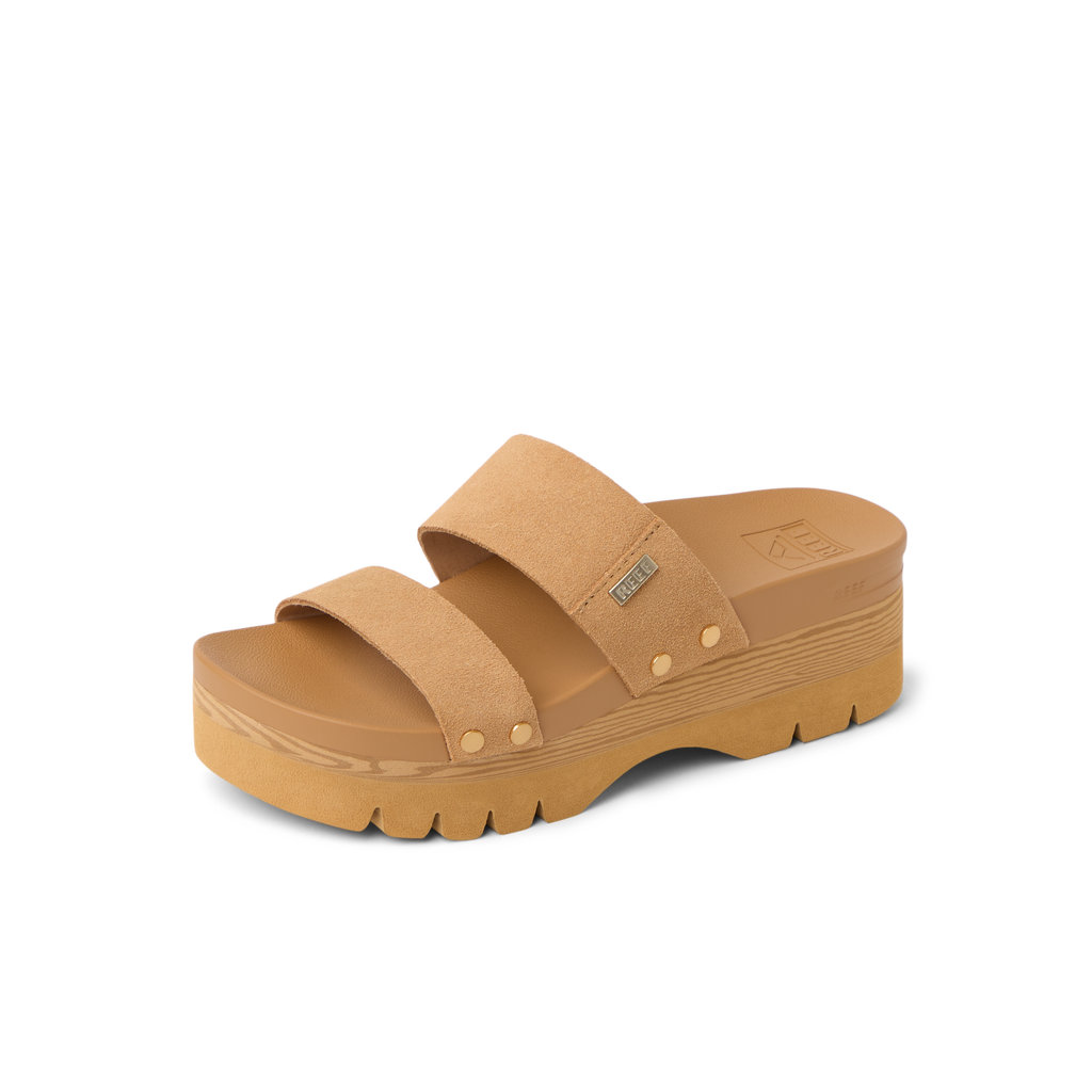 Vista Higher Cleo women's tan platform sandal facing right, showing side with dual straps and cushioned arch support
