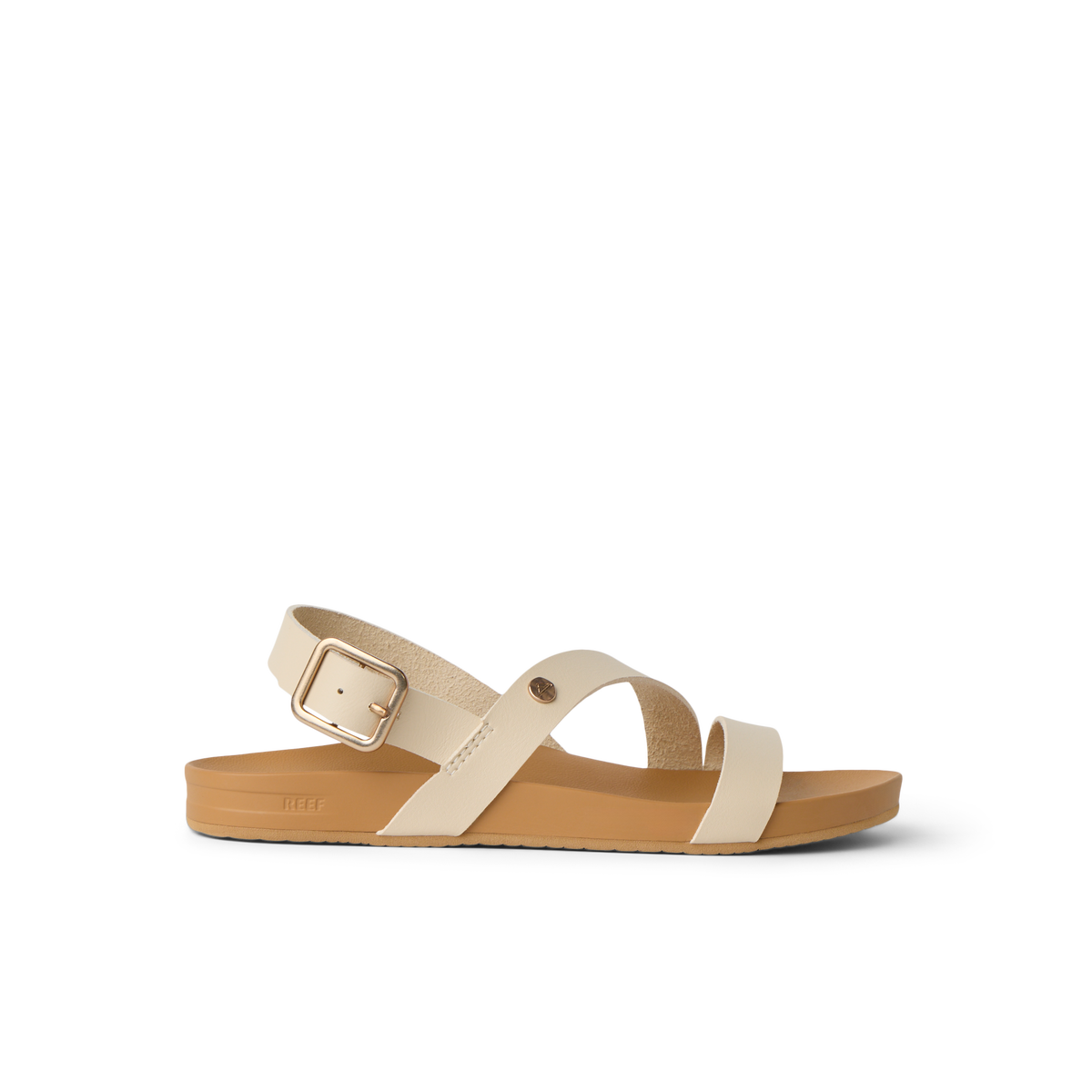 Vista Isabella women's sandal facing right, beige straps with buckle, lightweight, comfortable beach-inspired footwear.