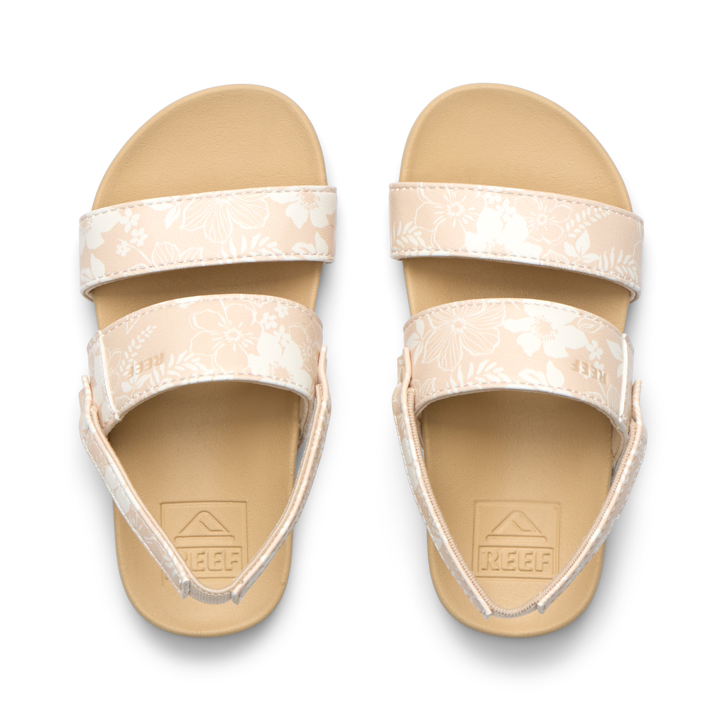 Little Cushion Vista top view of pink floral sandals for girls with arch support and soft cushioning for beach comfort.