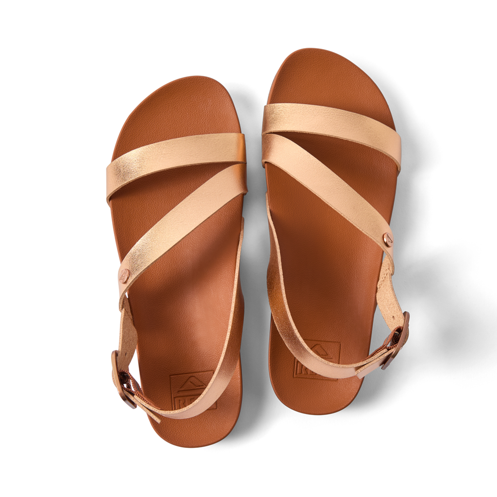 Vista Isabella women's sandals top view facing upward with bronze straps, featuring comfort cushioning and arch support.