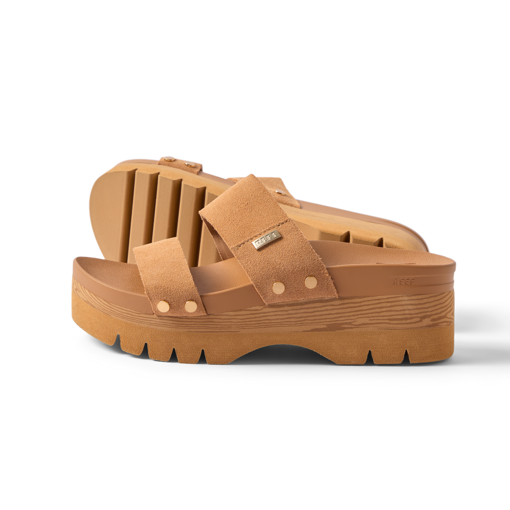 Vista Higher Cleo women's tan suede platform sandals facing right, showing side and sole with cushioning and arch support.