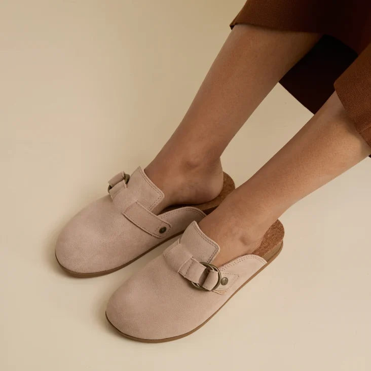 Vista Serenity women's slip-on shoes facing forward in soft beige with cushioned footbeds and arch support.
