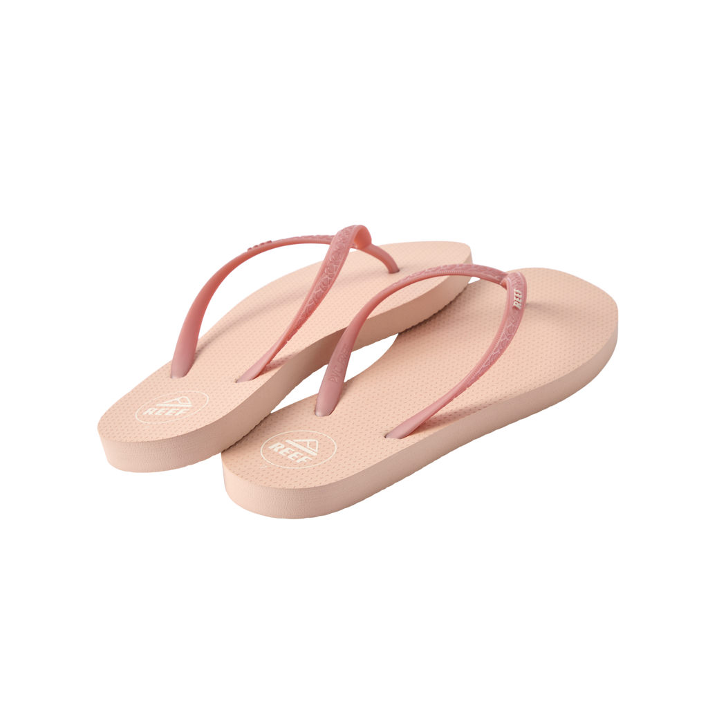 Seaside Square Toe women's sandals, right shoe facing forward, left shoe angled, rose metallic straps, beach-inspired comfort