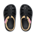 Top view of Little Totally Beachin black and tan girls' sandals with anatomical arch support and soft cushioning.