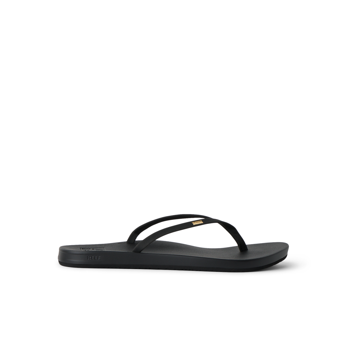 Cushion Slim black flip flop facing left, showing side profile with anatomical arch support and soft cushioning.