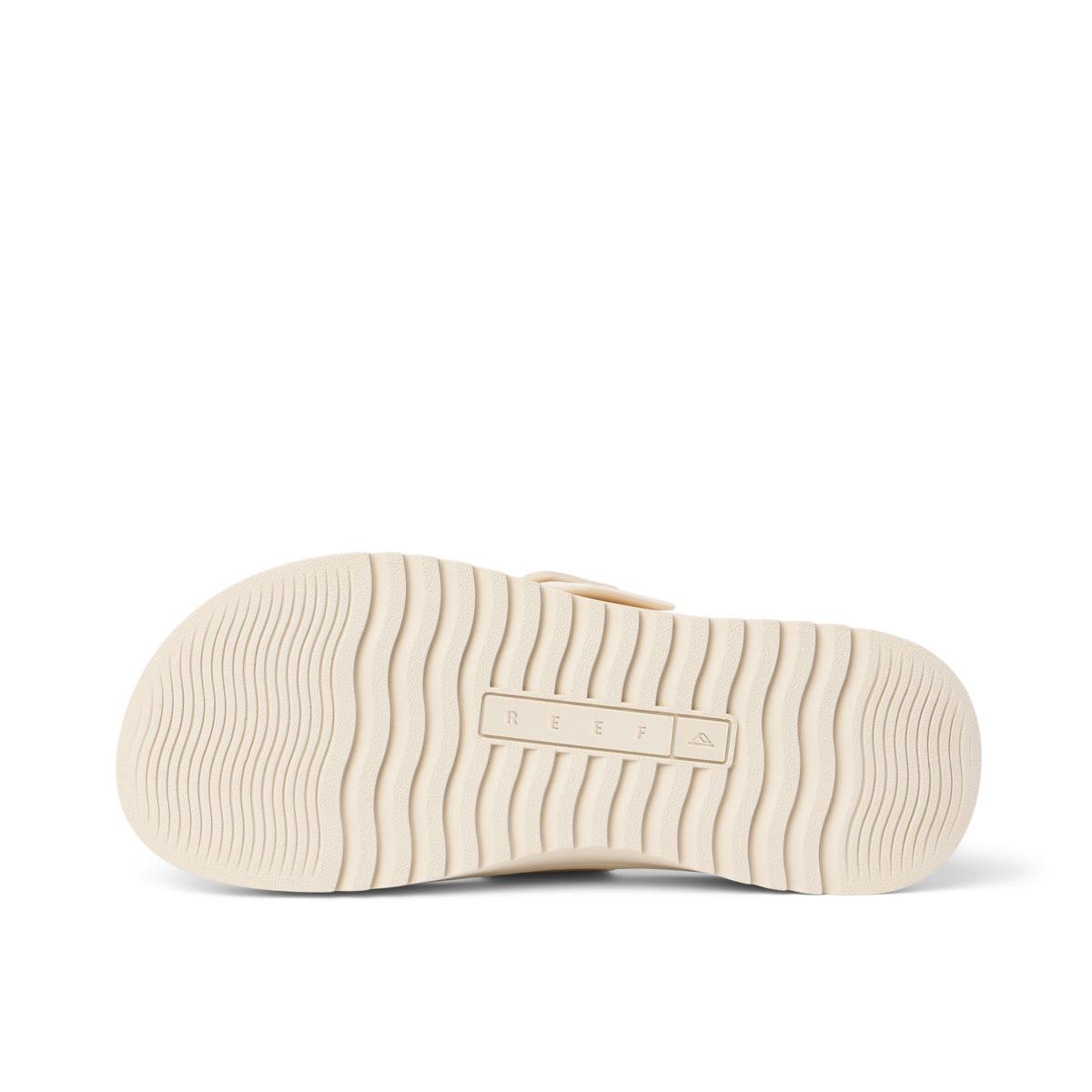 Vista Capri women's sandal outsole facing up, showing soft-rebound cushioning and durable wave-pattern tread for beach comfort.