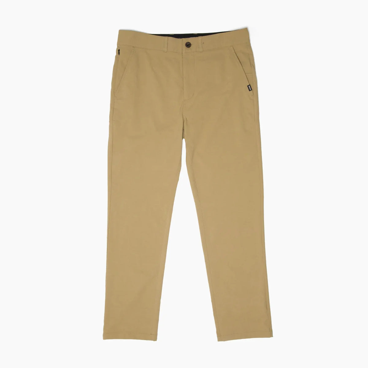 Front view of men's Carrick Stretch Pant in tan, featuring a comfortable, durable design perfect for beach-inspired active wear.