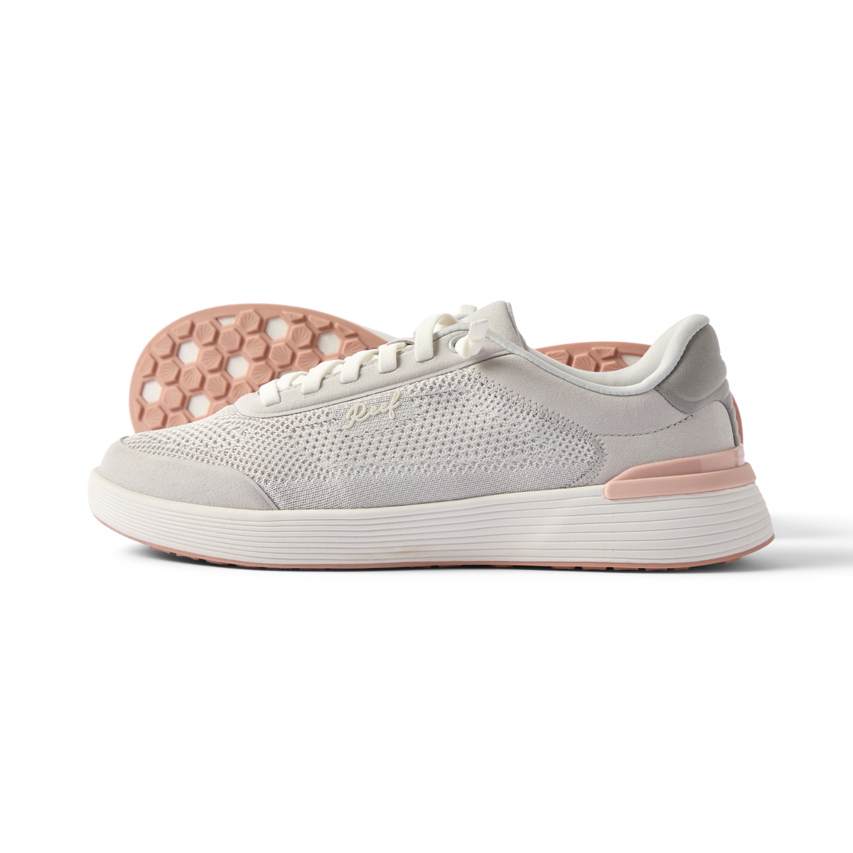 Shoreline Palisades women's left shoe facing right in heather grey with soft-rebound cushioning and anatomical arch support