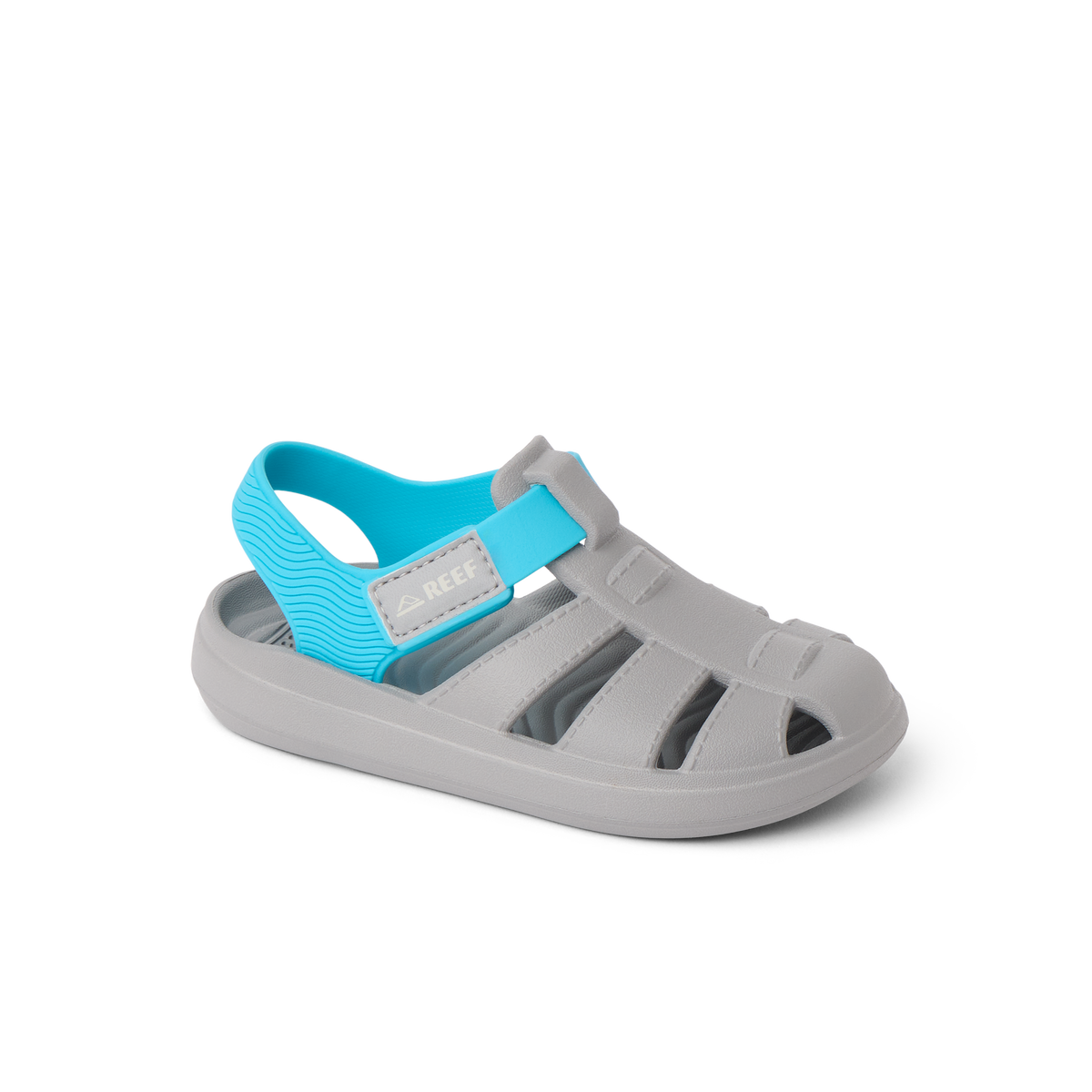 Little Totally Beachin boys sandal facing right, gray and blue with soft-rebound cushioning and arch support.