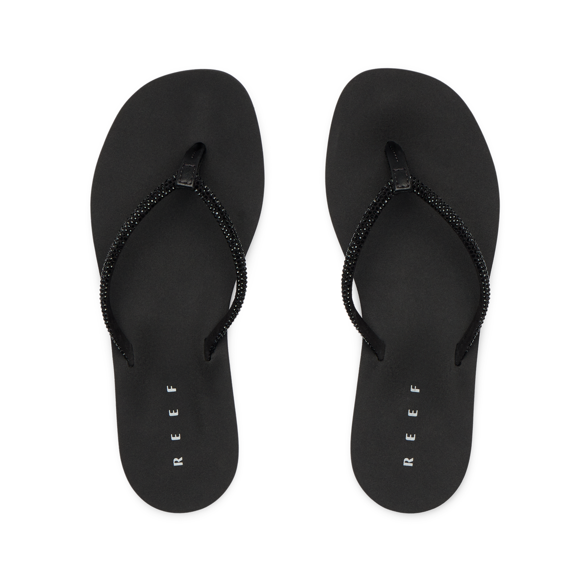 Top view of Bliss Bling Fling black women's sandals facing upward, featuring soft-rebound cushioning and arch support.
