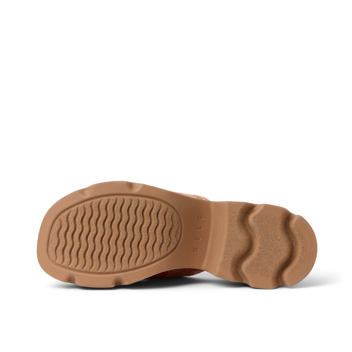 Vista Luxe Evie women's sandal outsole facing up, showing durable, water-friendly sole with arch support design.