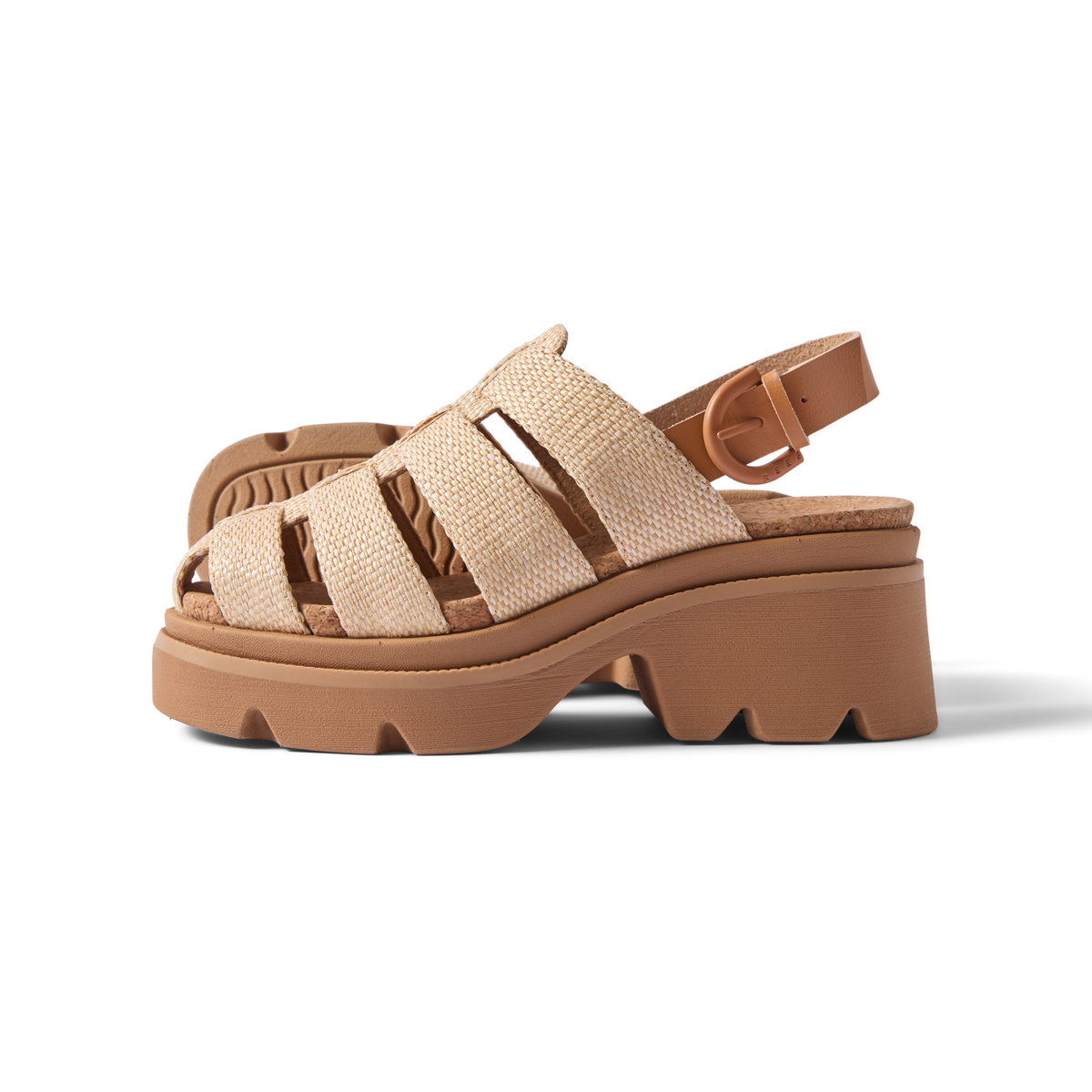 Vista Luxe Lucie women's sandal facing left, raffia straps, cushioned sole, platform heel, beach-inspired comfort design.