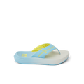 Cruiser sandal facing right, close-up of light blue and yellow slip-on with cushioned arch support and water-friendly sole.