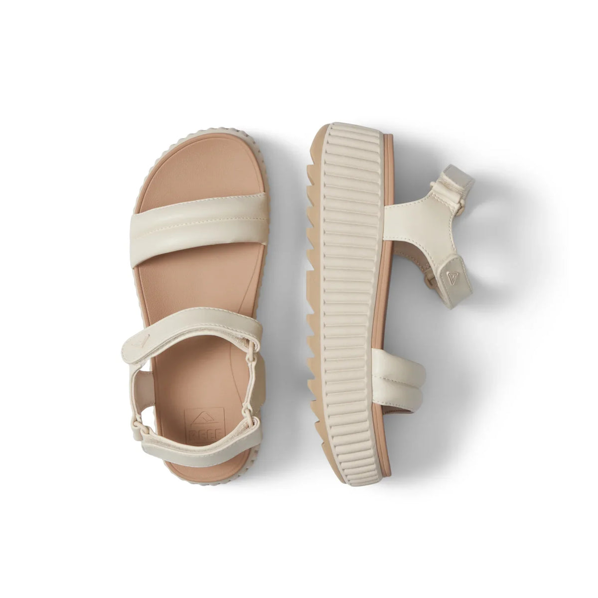 Vista Higher Raya women's sandals in white, side view right foot, top view left foot, with cushioned arch support and lightweight sole.