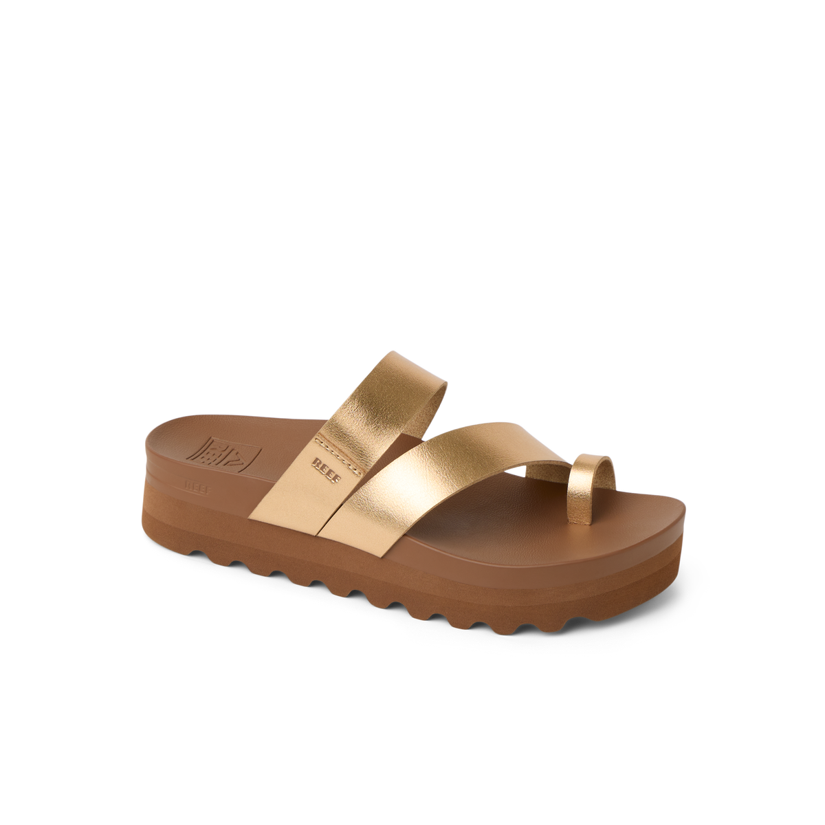 Vista Hi Layla sandal facing left, close-up of toe post and dual straps in sunset bronze with cushioned arch support.