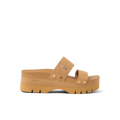 Vista Higher Cleo women's tan platform sandal facing right, close-up of upper straps with cushioned arch support and durable sole