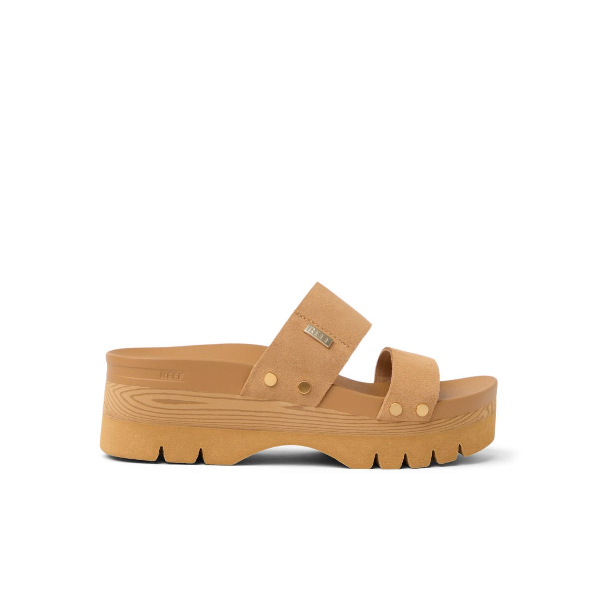 Vista Higher Cleo women's tan platform sandal facing right, close-up of upper straps with cushioned arch support and durable sole