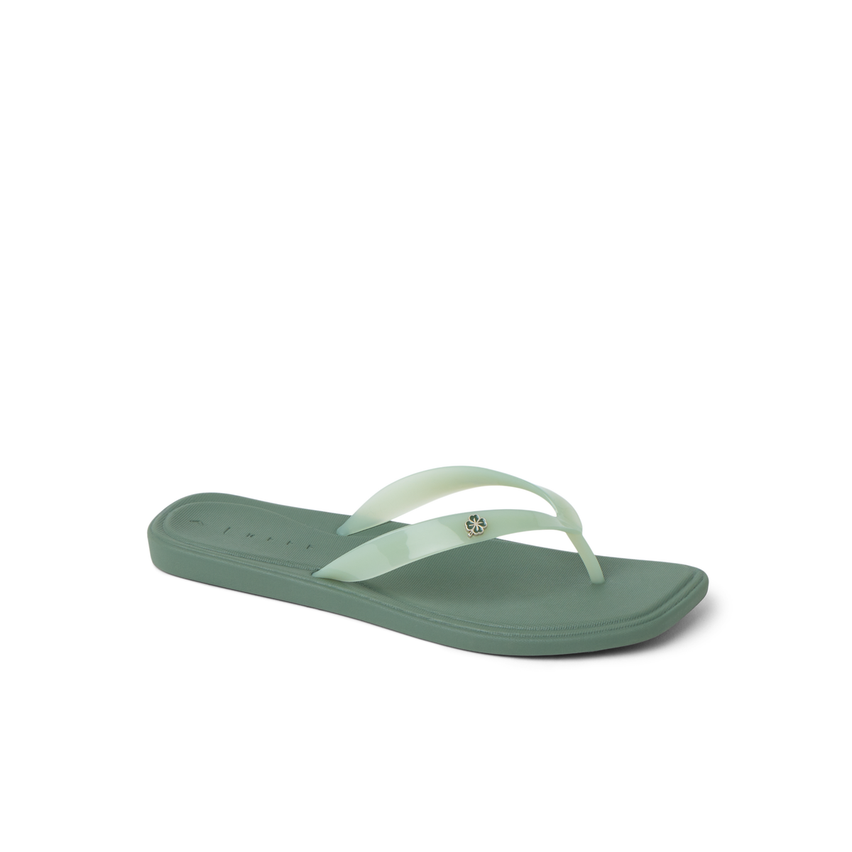 Solaye women's water-friendly flip flop facing left showing square toe and cushioned footbed in green shade