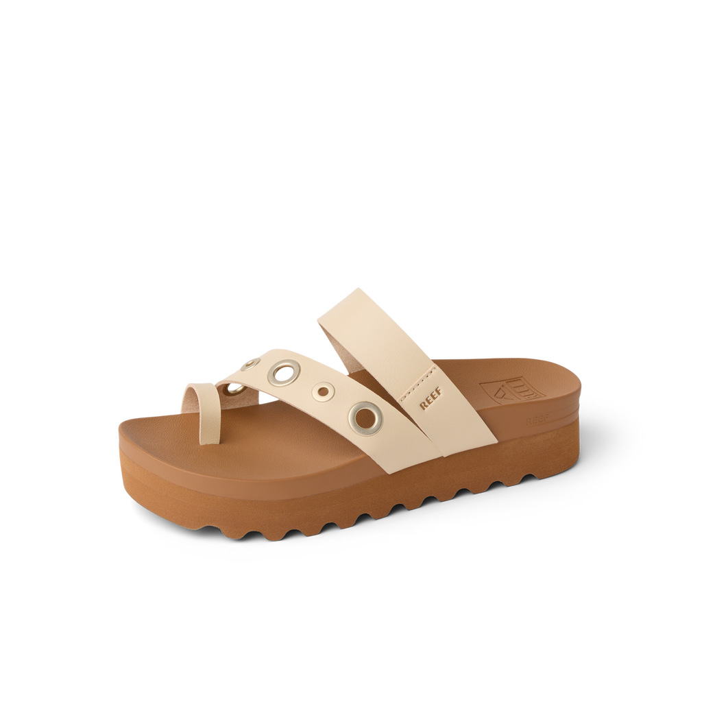 Vista Hi Layla women's sandal facing left, close-up of cushioned footbed and arch support with surf-inspired design