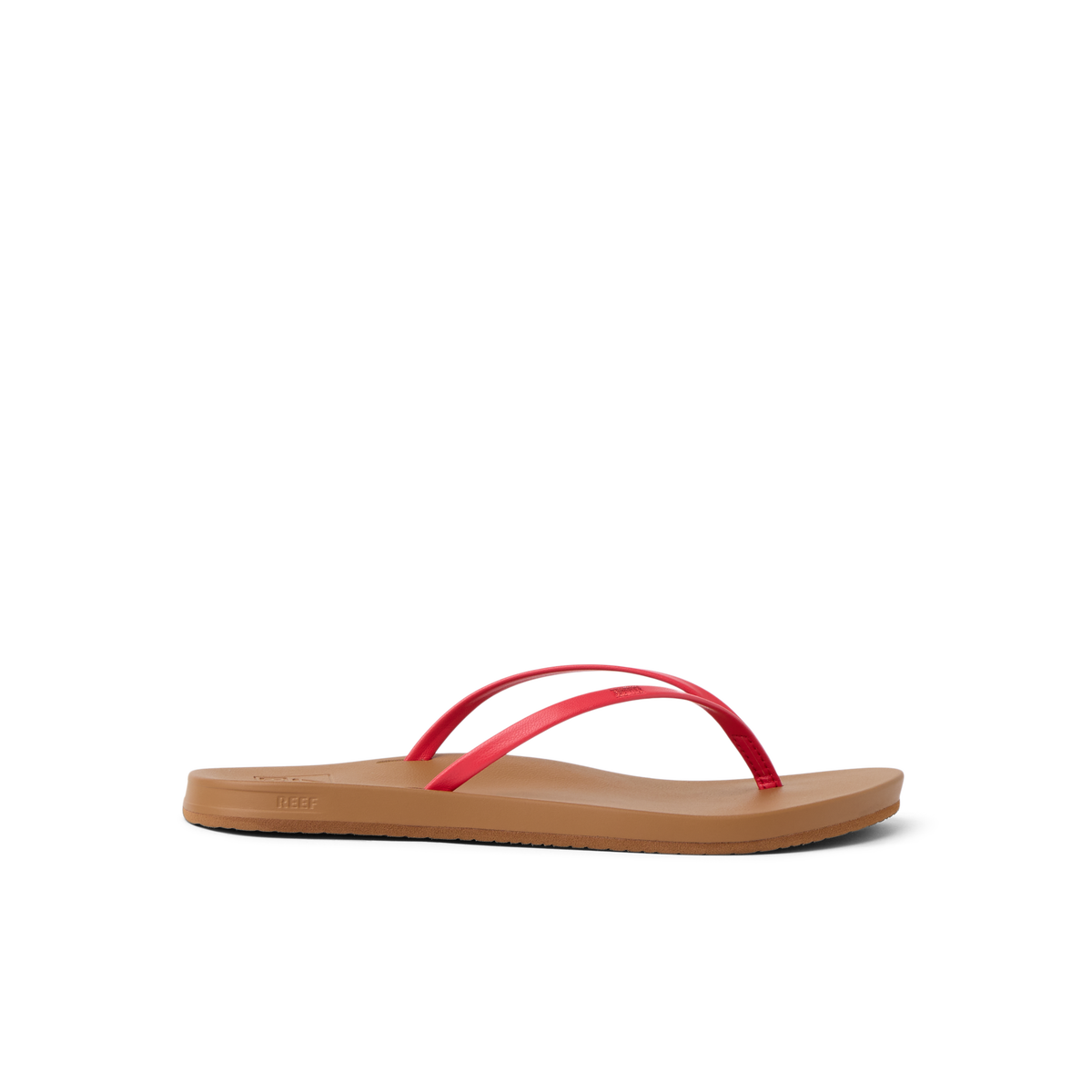 Cushion Slim women's sandal facing right, red straps on tan sole, water-friendly with anatomical arch support.
