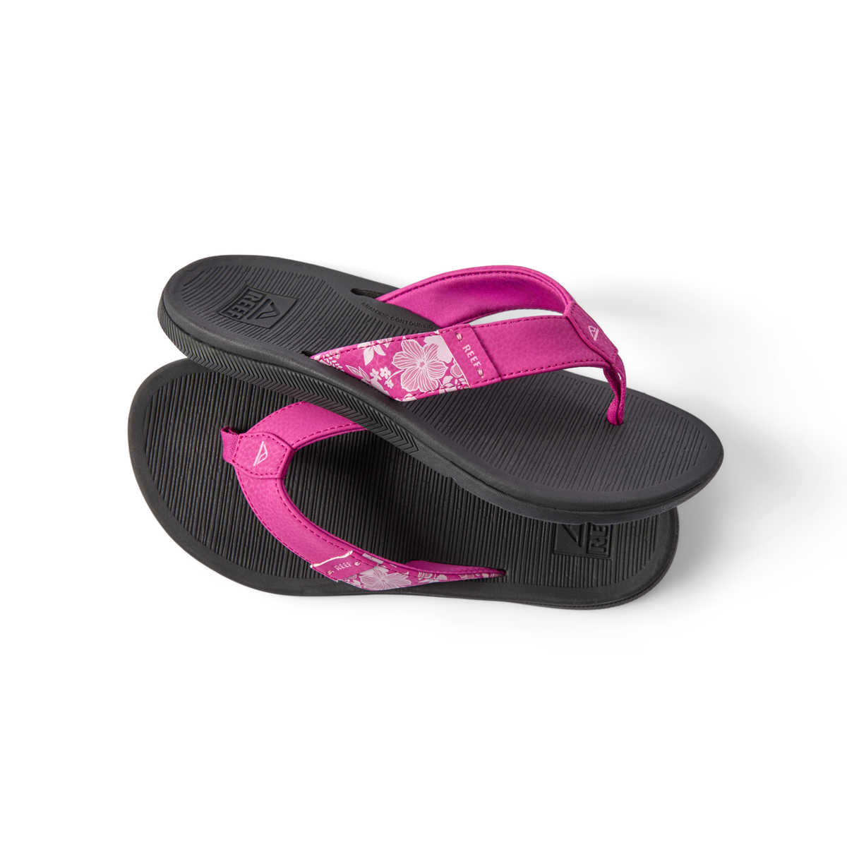Santa Ana women's sandals in fuchsia red with floral straps, showing top and bottom for beach comfort and arch support.