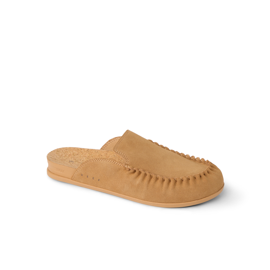 Vista Myra facing left, women's tan suede clog with soft-rebound cushioning and anatomical arch support for all-day comfort.
