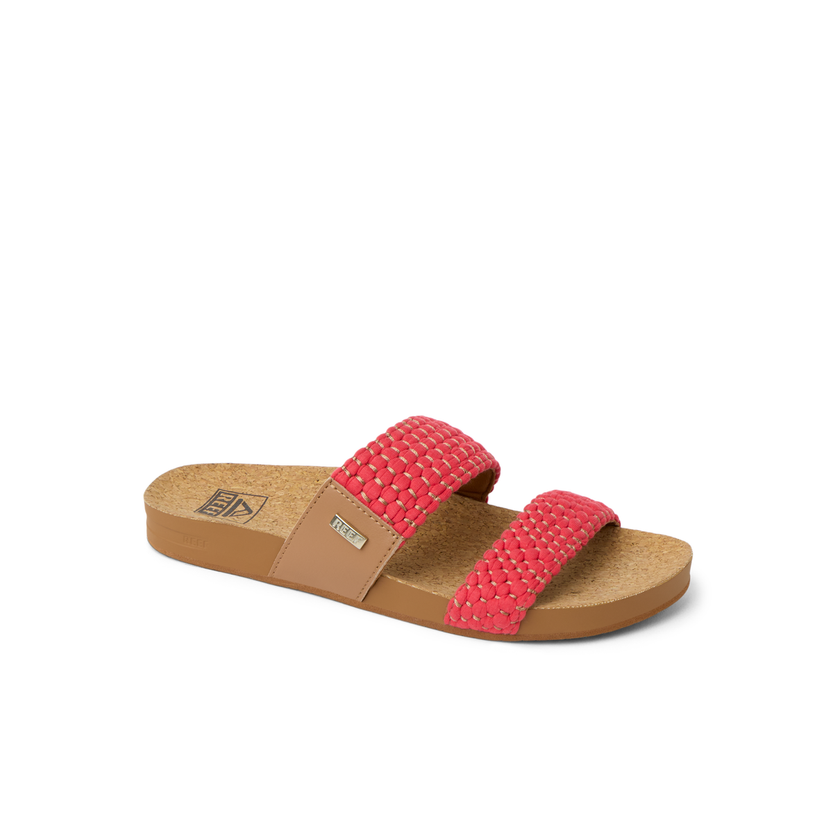 Cushion Vista women's sandal facing right with coral woven straps, anatomical arch support, and cushioned footbed for comfort.