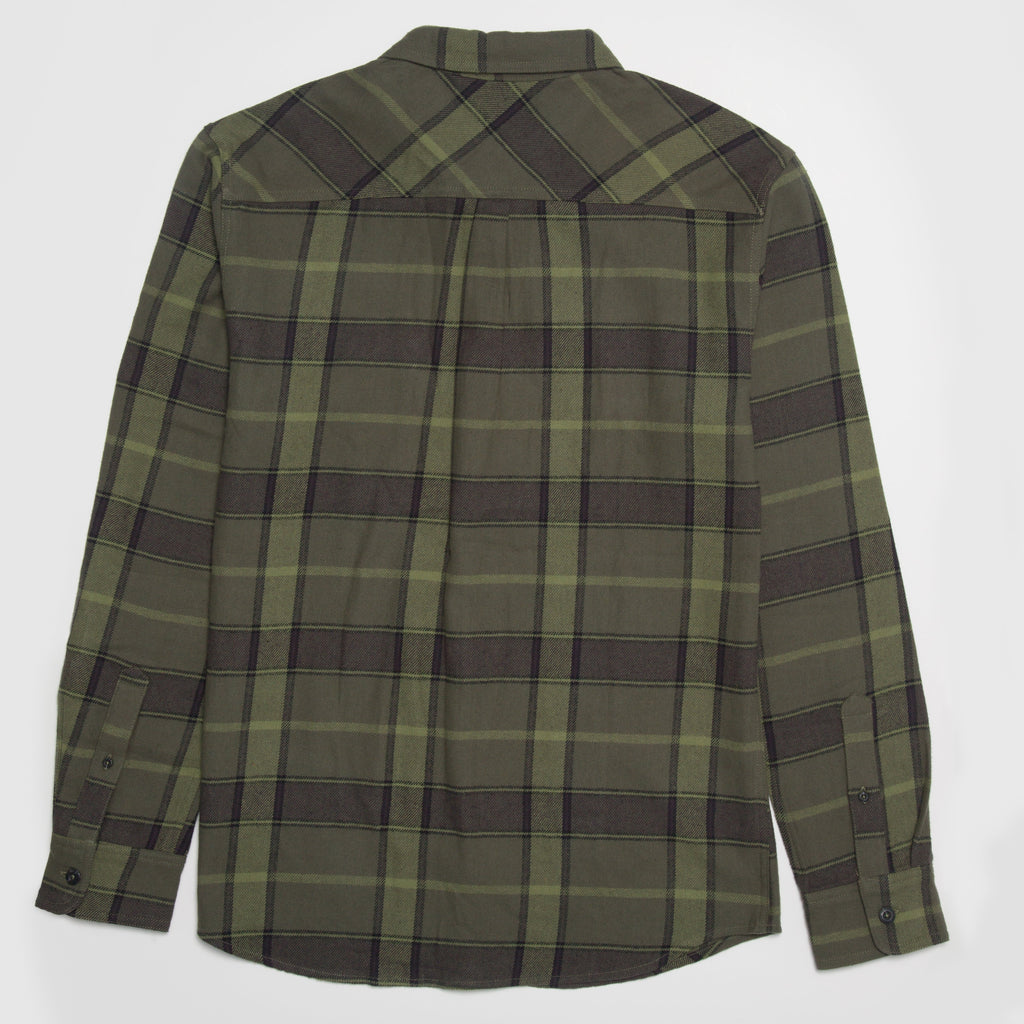 Anders Long Sleeve Woven Shirt shown from the back in olive plaid, designed for comfort and active beach lifestyles.
