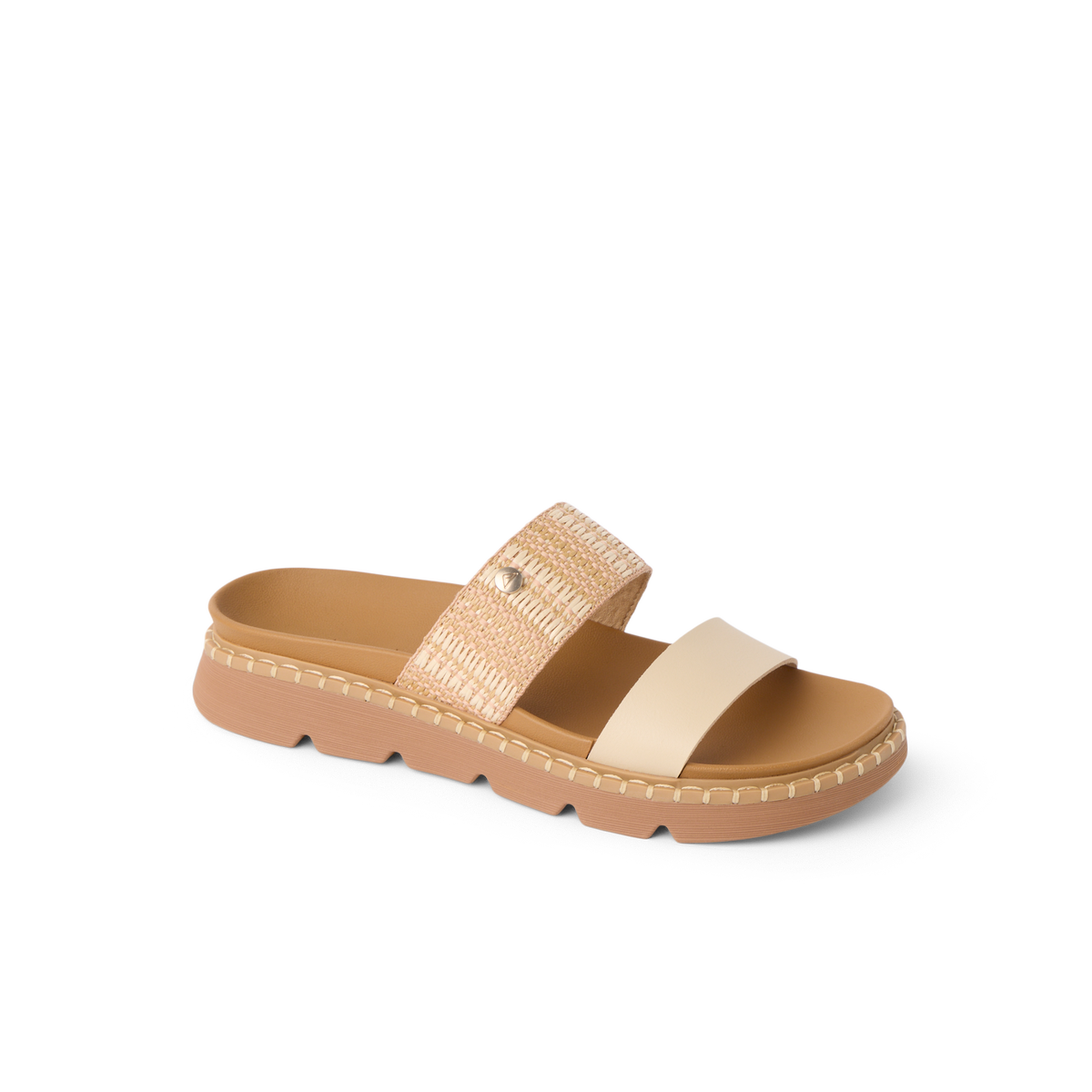 Vista Luxe Thea women's sandal facing right, close-up of soft vegan leather and raffia straps with arch support.