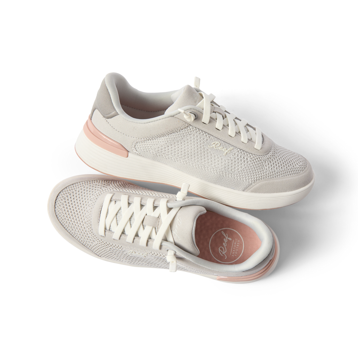 Top and side views of Shoreline Palisades women's sneakers in heather grey with soft cushioning and arch support