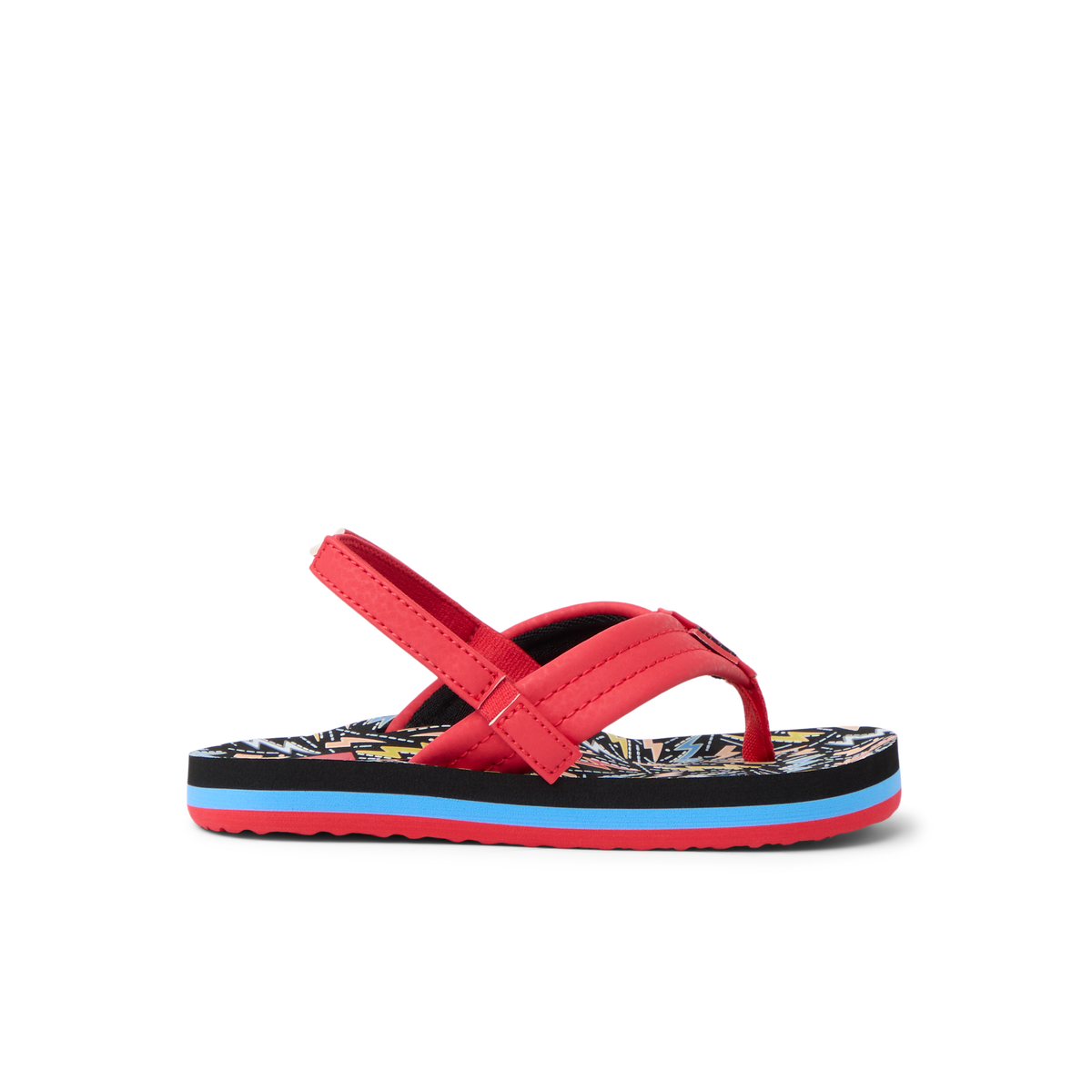 Little Ahi sandal for boys facing left, showing red straps and patterned footbed, designed for beach comfort and durability.